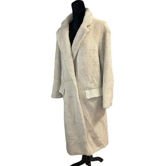 Zara Double Breasted herringbone print Beige Lapels Coat Medium - Picture 3 of 12